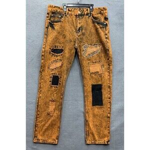 Fashion  Denim Jeans Men's Rust Burnt Orange Destroyed Patch Work Size 38X31